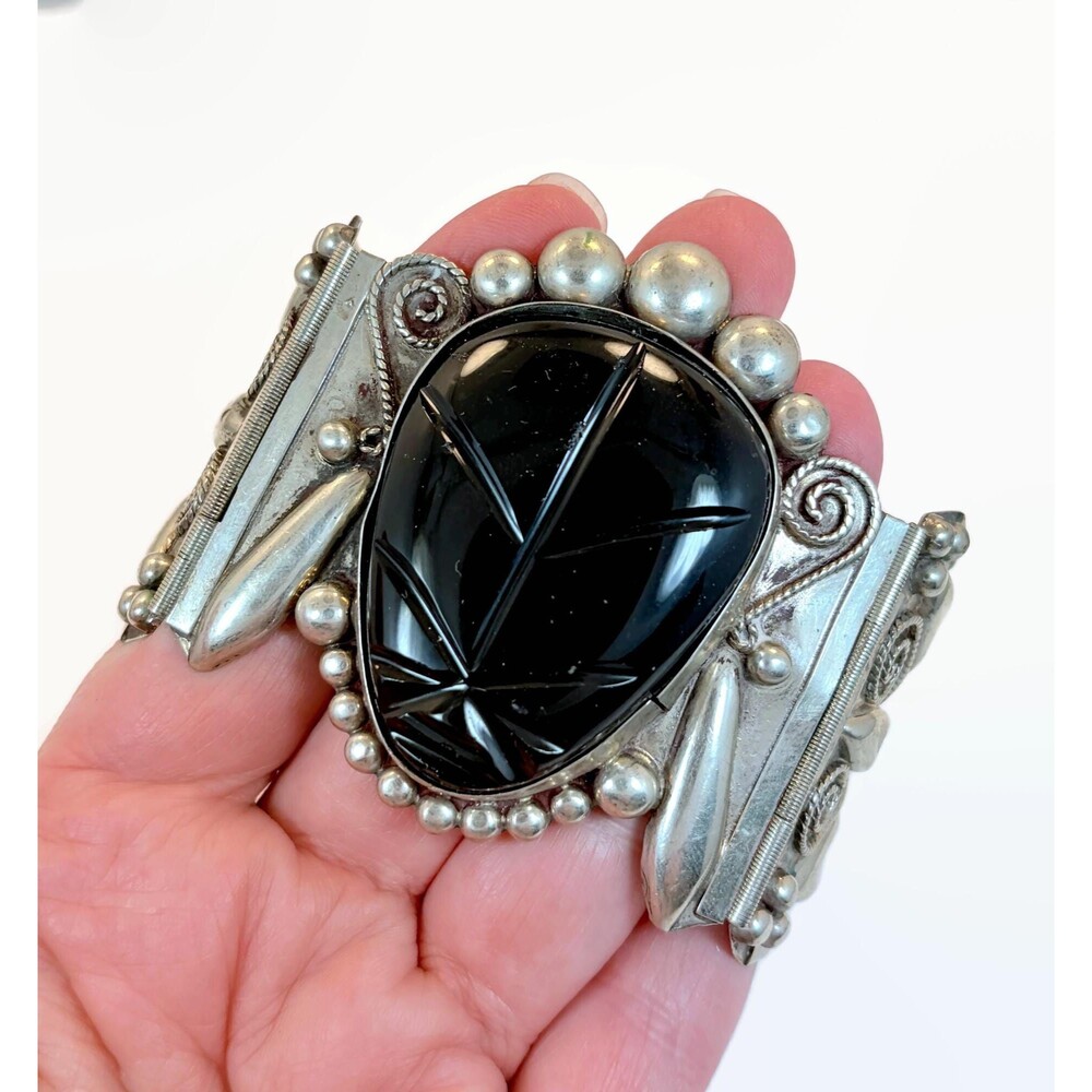 Vintage Bracelet, Mexico, Silver, 40s, Black Onyx, Mask Face Mayan Aztec Warrior